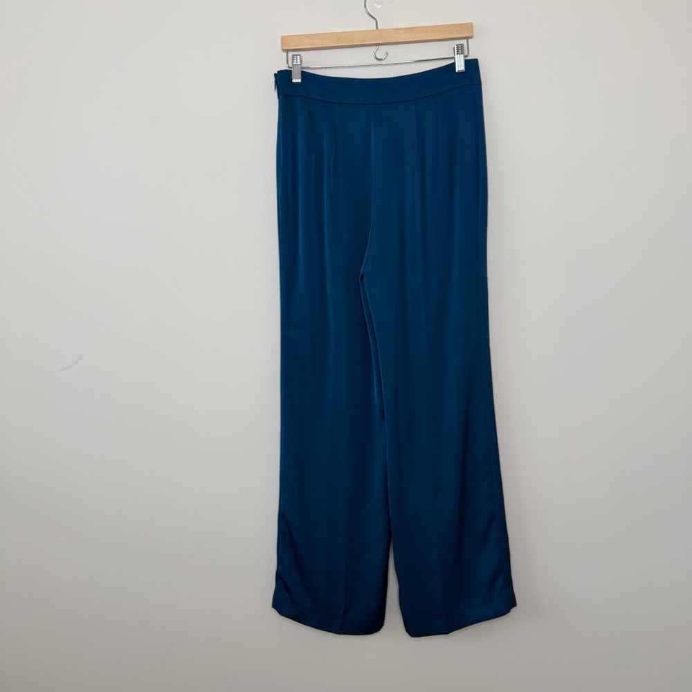 Ann Taylor Teal Satin Wide Leg Pants Fully Lined Side Zip Elegant Career Evening - Picture 7 of 10